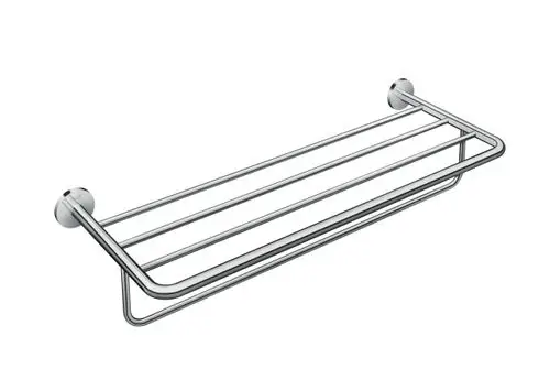 Handtuchablage mit mehreren parallel angeordneten Stangen in verchromtem Design. Montiert an zwei runden Wandhalterungen, Marke AXOR.